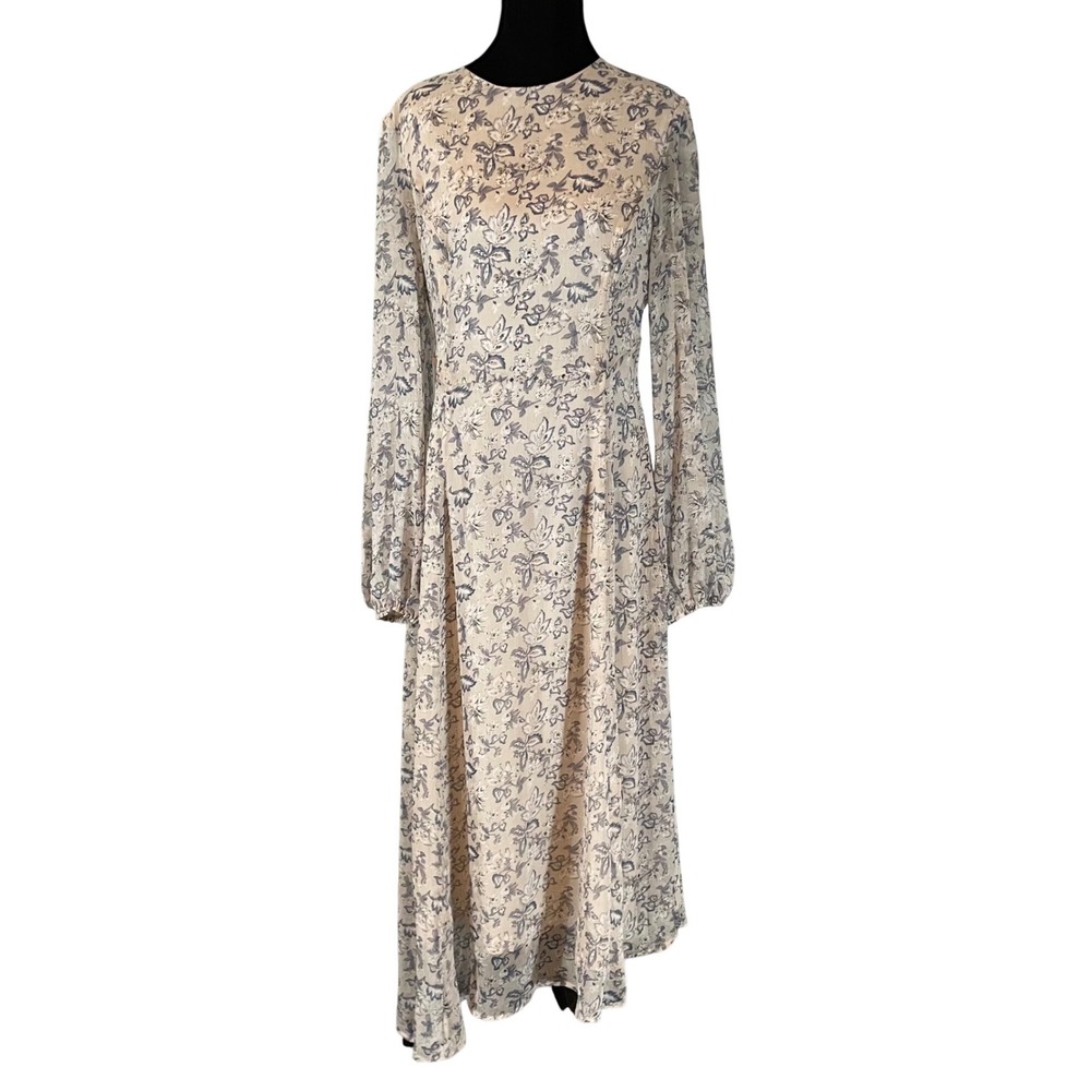 Farrow Floral Long Sleeve Midi Dress Beige Blue Chiffon‎ Size Medium